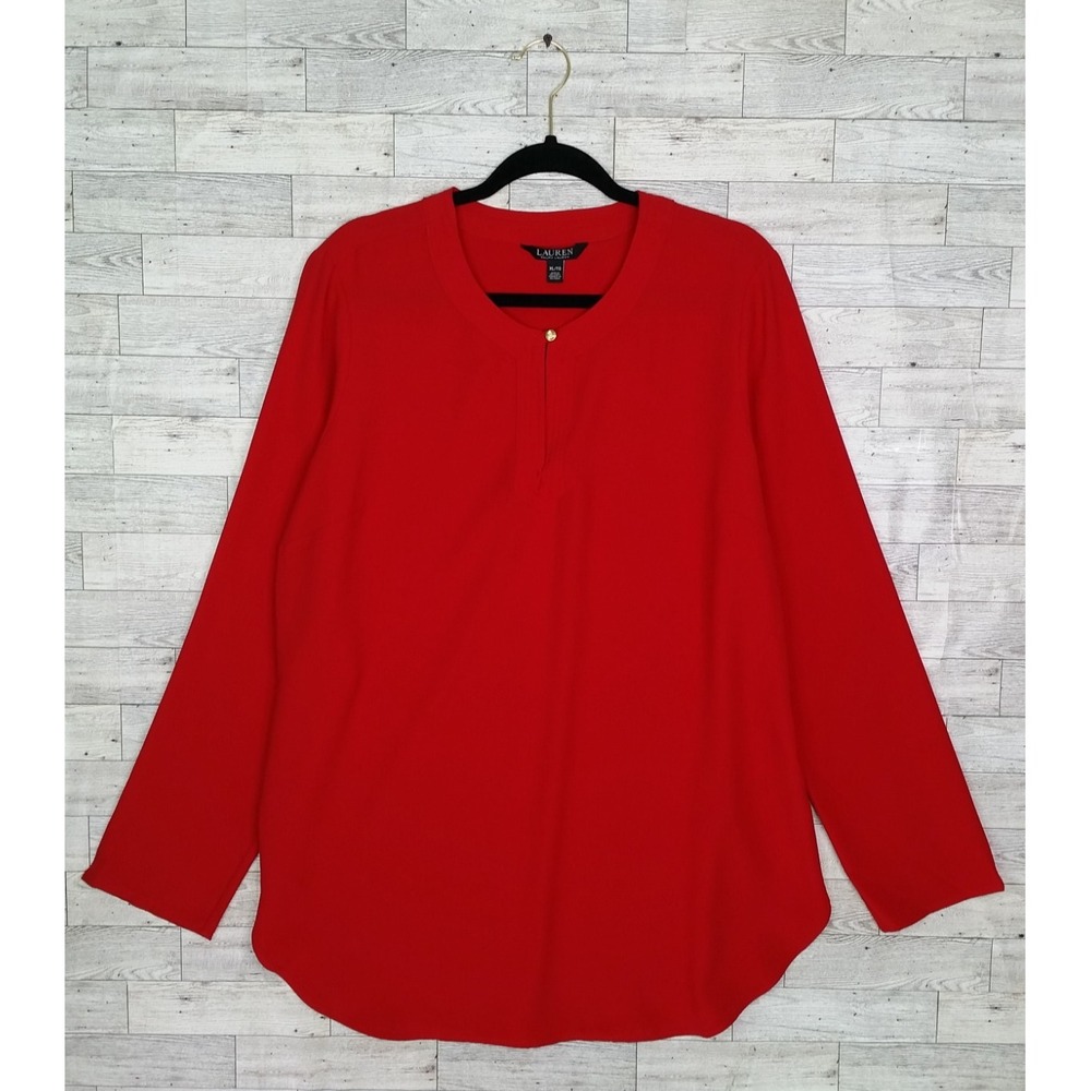 Lauren Ralph Lauren Georgette Tunic Blouse XL XLarge Red Career Office Chic Top